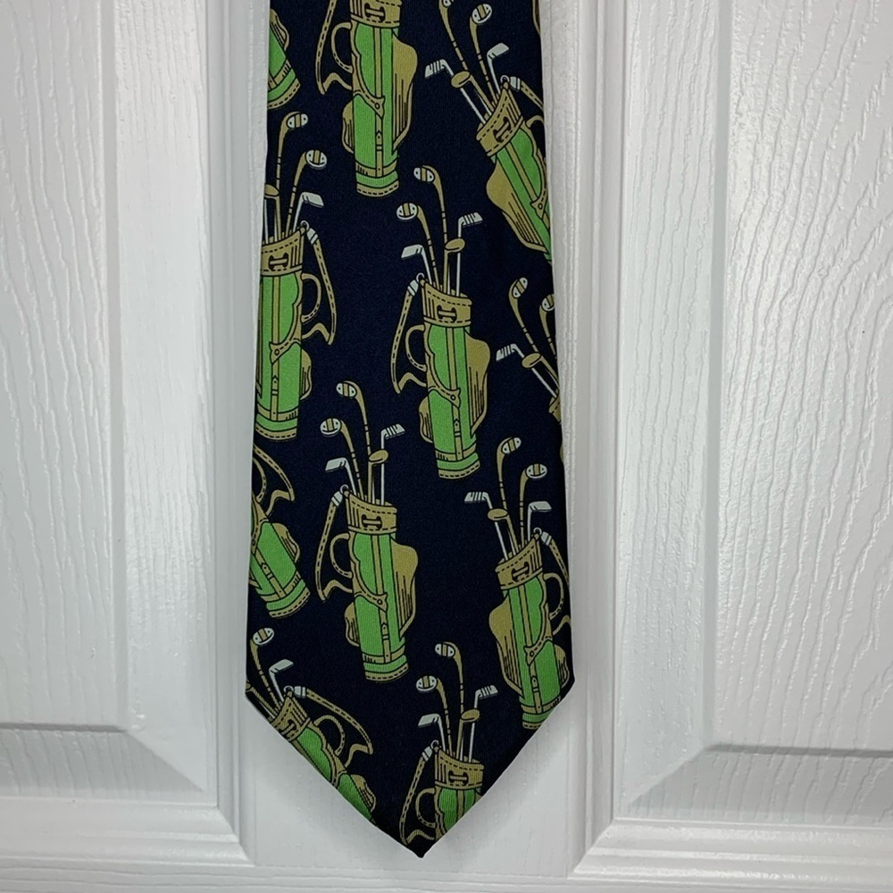 100% Pure Silk Mens Necktie Green Gold Navy Golf Bags Clubs Golfer Made in Italy